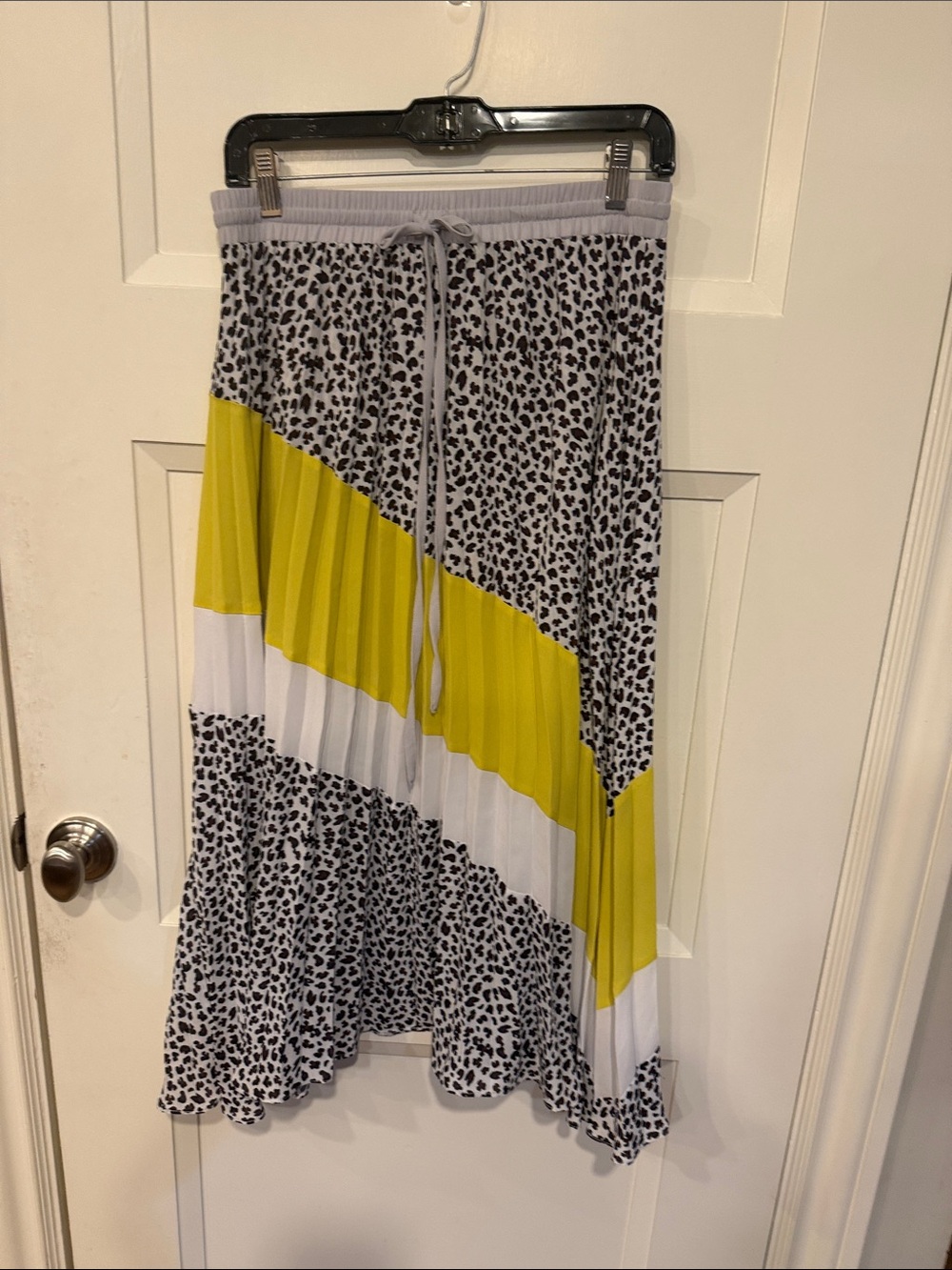 Central Park West Black & White Animal Print Midi Skirt with Yellow Panel